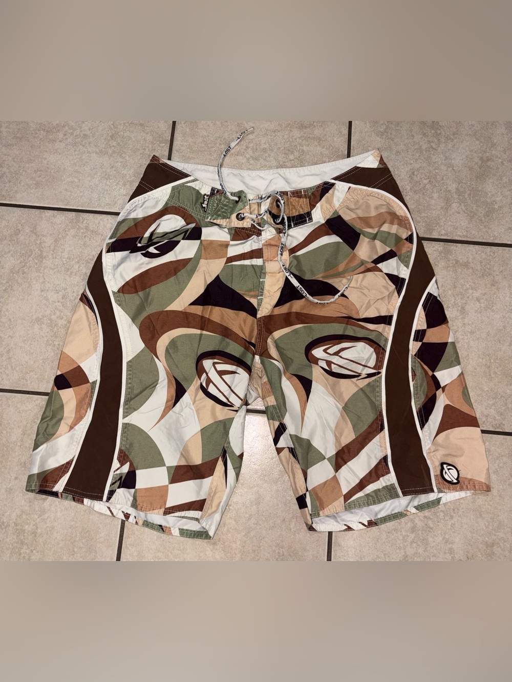 Vintage Lost Enterprises 33 Swirl Pattern Board Shorts - Brown Green Cream
